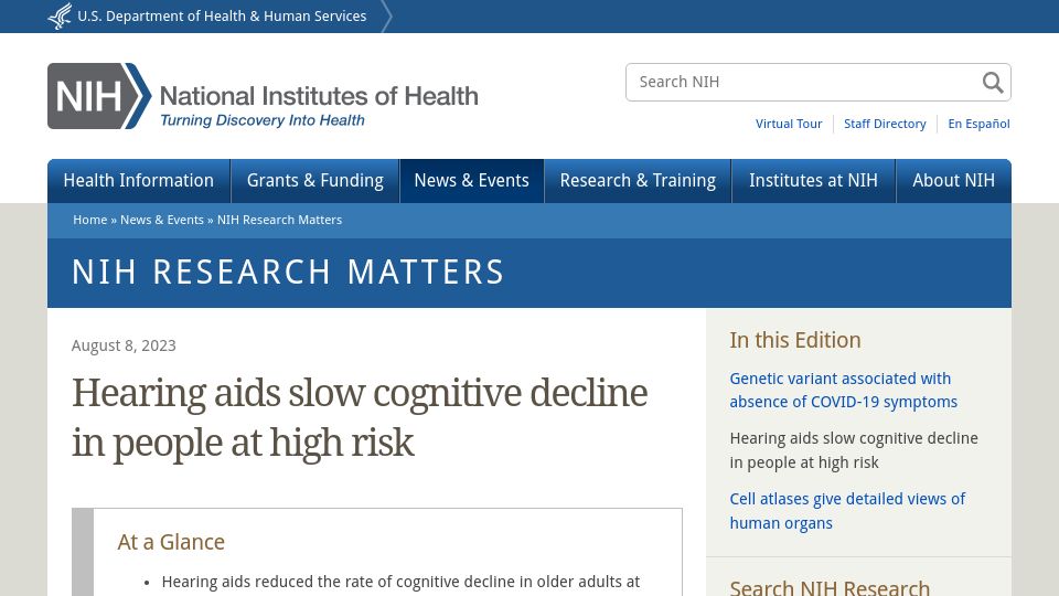 Screenshot of nih.gov: Hearing aids slow cognitive decline in people at high risk