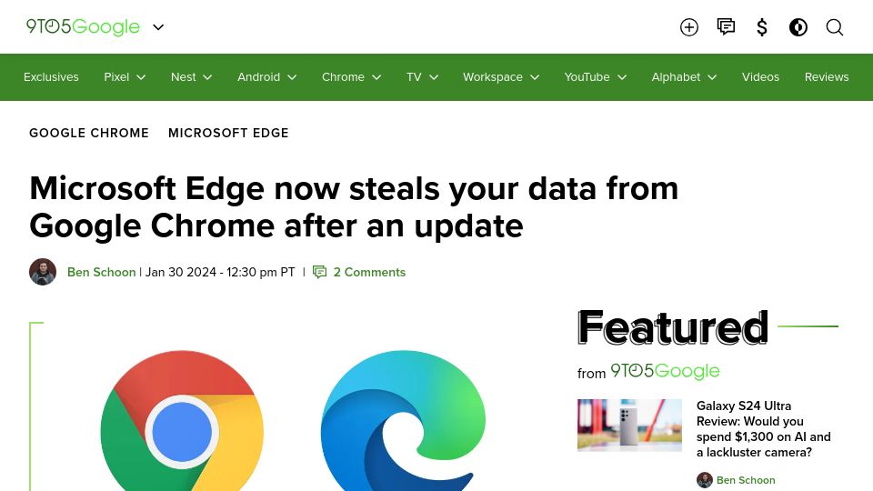 Screenshot of 9to5google.com: Microsoft Edge now steals your data from Google Chrome after an update