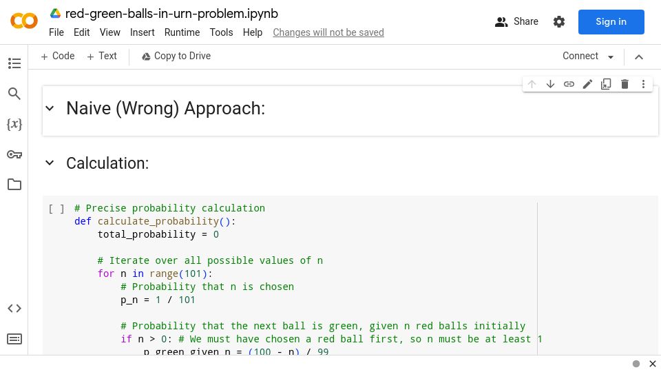 Screenshot of colab.research.google.com: A confusing probability question: Red and green balls in an urn