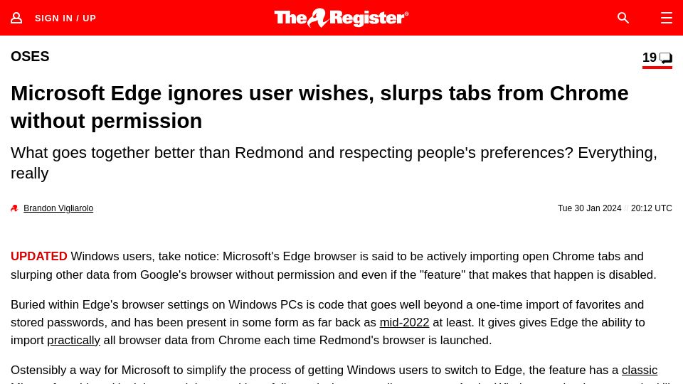Screenshot of theregister.com: Microsoft Edge ignores user wishes, slurps tabs from Chrome without permission