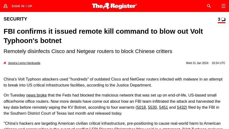 Screenshot of theregister.com: FBI confirms it issued remote kill command to blow out Volt Typhoon's botnet