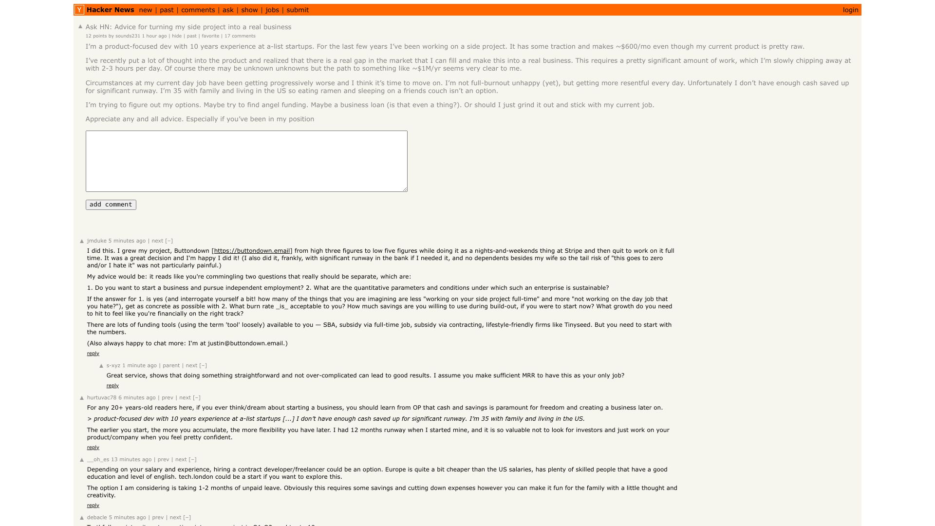 Screenshot of this Hacker News post: Ask HN: Advice for turning my side project into a real business