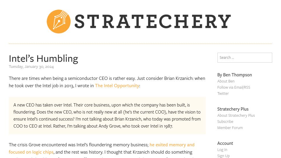 Screenshot of stratechery.com: Intel's Humbling
