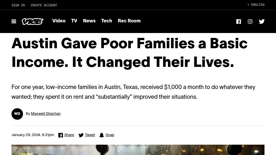 Screenshot of vice.com: Austin Gave Poor Families a Basic Income. It Changed Their Lives