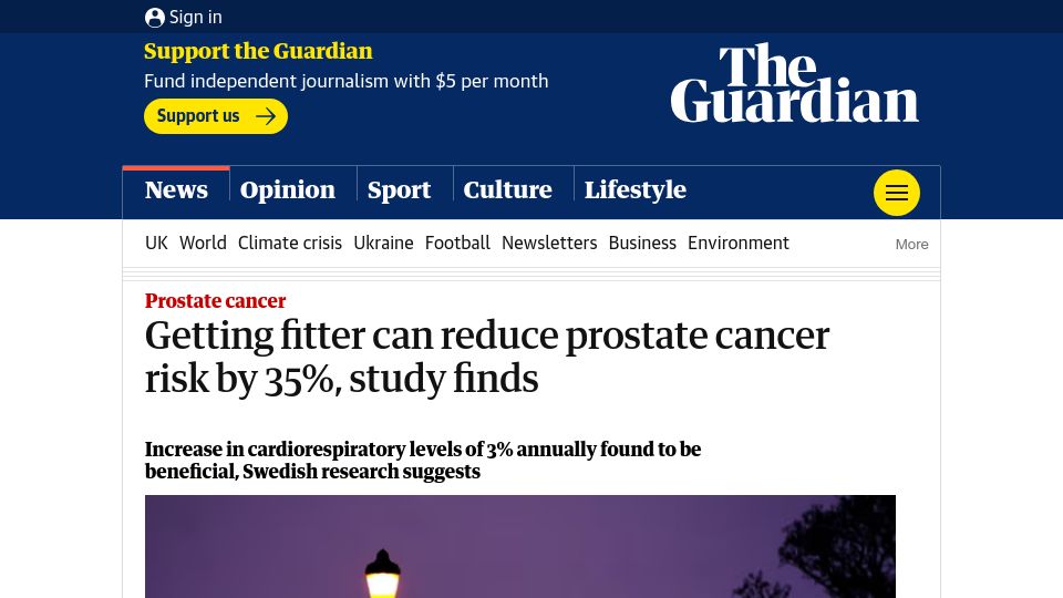 Screenshot of theguardian.com: Getting fitter can reduce prostate cancer risk by 35%, study finds