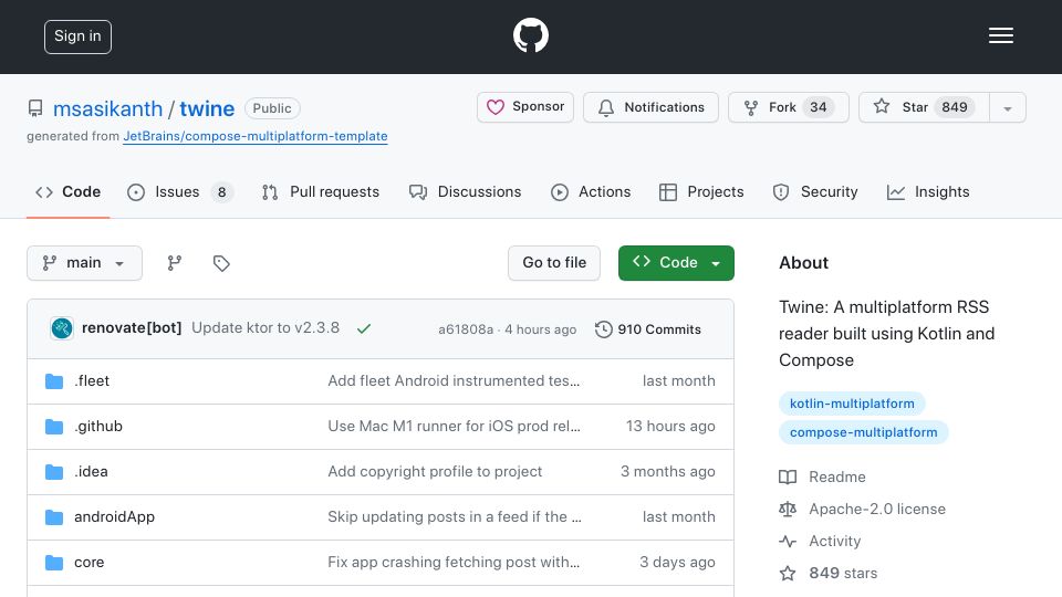 Screenshot of github.com: Show HN: Twine – Open source multiplatform RSS app