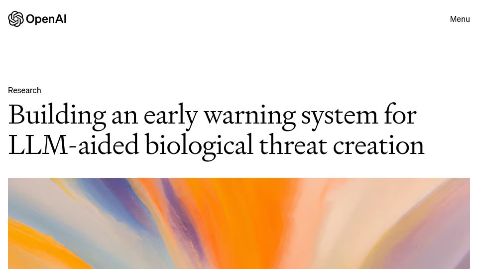 Screenshot of openai.com: Building an early warning system for LLM-aided biological threat creation