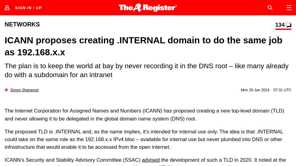 Screenshot of theregister.com: ICANN proposes creating .INTERNAL domain to do the same job as 192.168.x.x