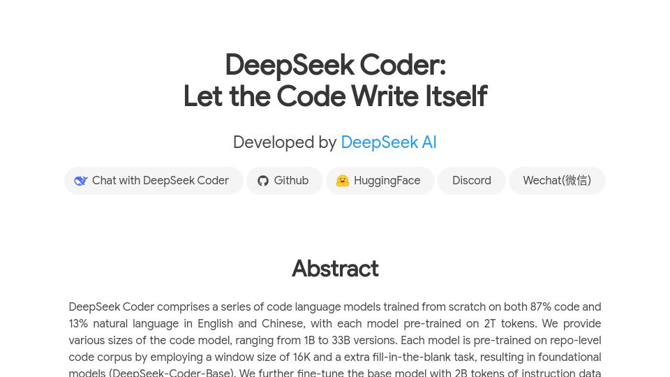 Screenshot of deepseekcoder.github.io: DeepSeek Coder: Let the Code Write Itself