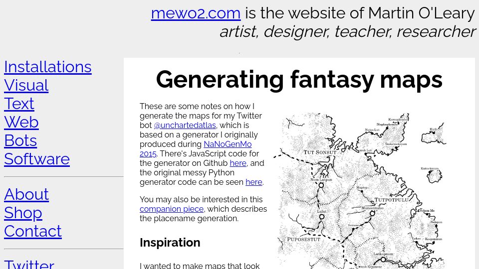 Screenshot of mewo2.com: Generating Fantasy Maps (2016)