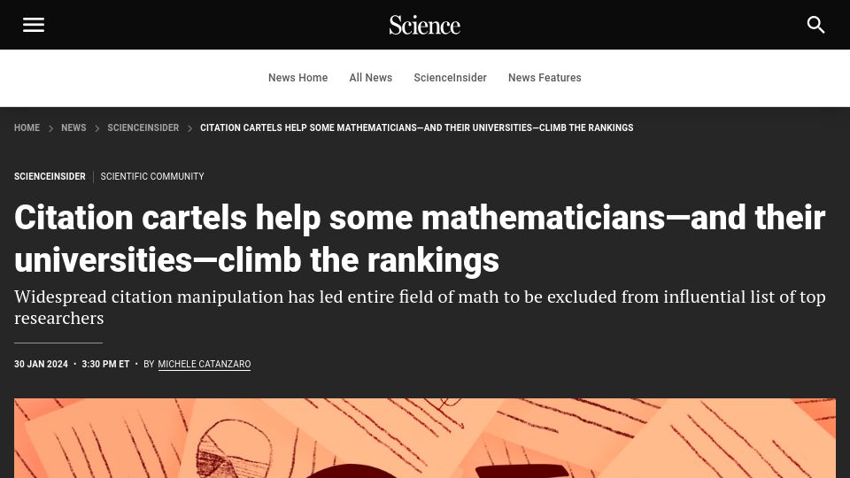 Screenshot of science.org: Citation cartels help mathematicians-and their universities-climb the rankings