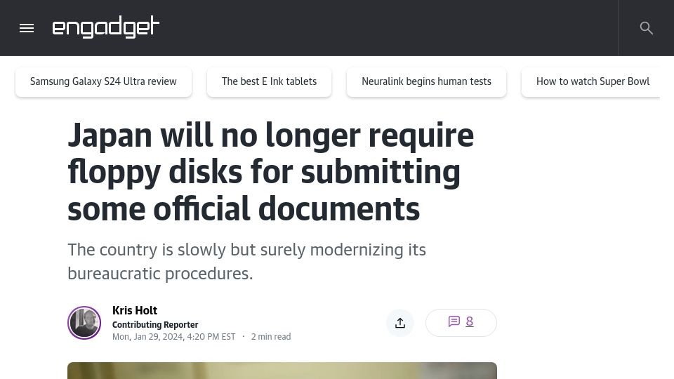 Screenshot of engadget.com: Japan will no longer require floppy disks for submitting some official documents