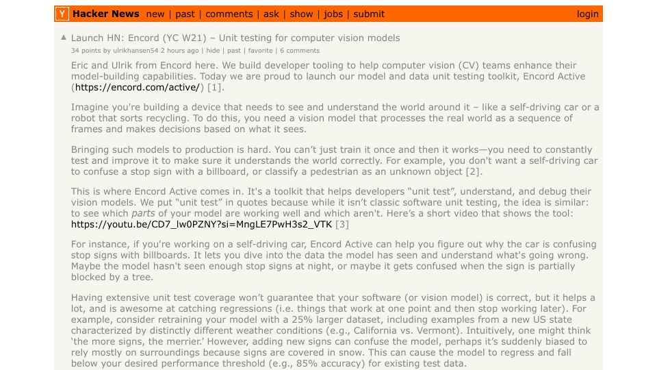 Screenshot of Hacker News post: Launch HN: Encord (YC W21) – Unit testing for computer vision models