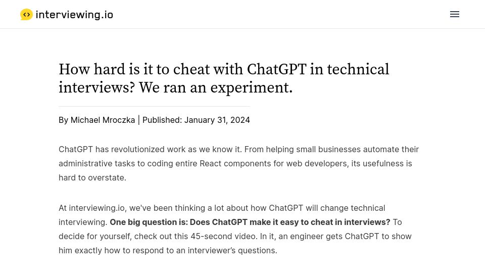 Screenshot of interviewing.io: Testing how hard it is to cheat with ChatGPT in interviews
