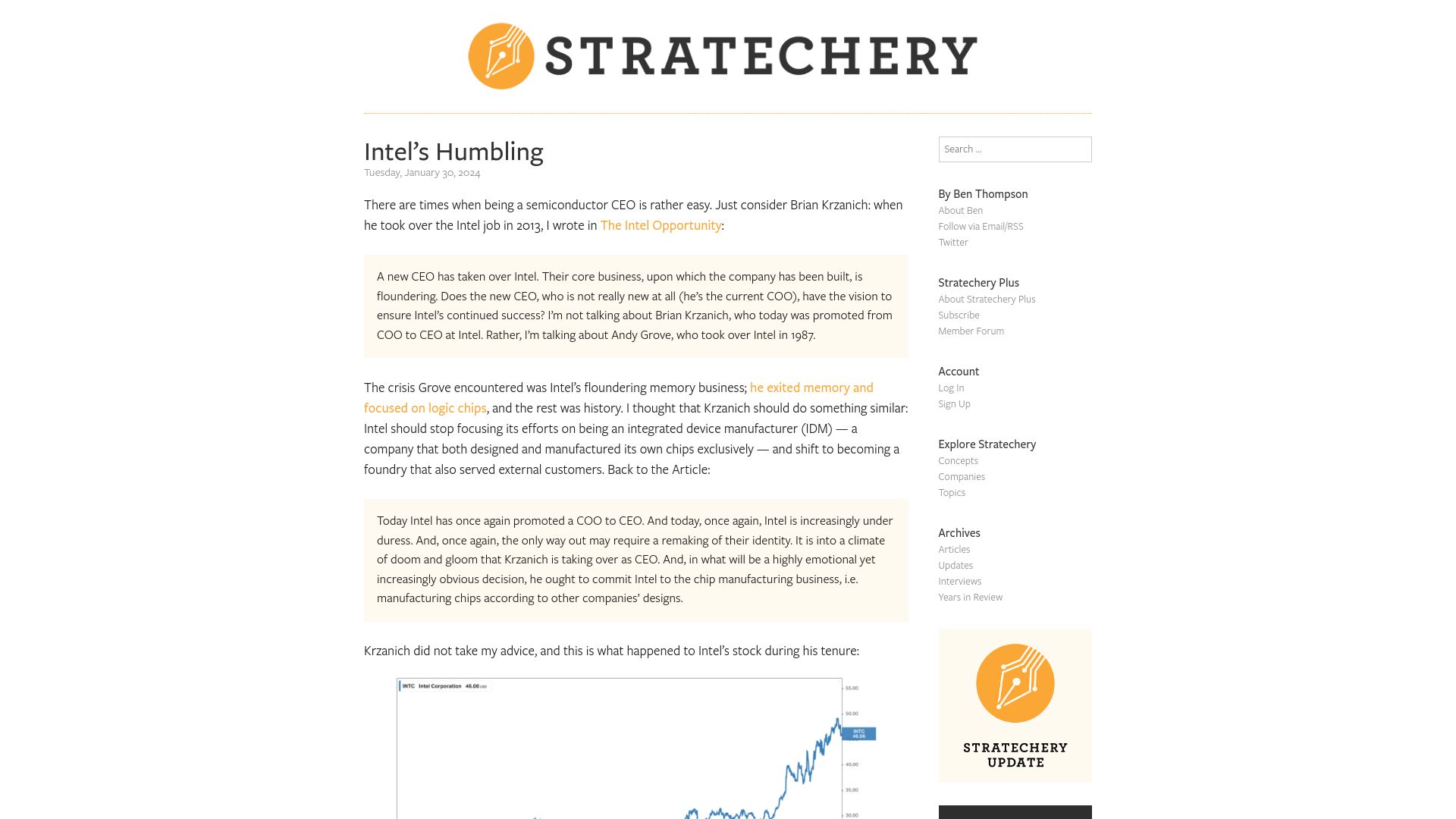 Screenshot of stratechery.com: Intel's Humbling
