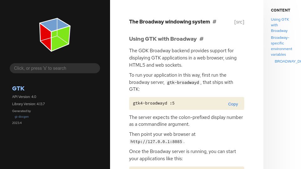 Screenshot of docs.gtk.org: The Broadway Windowing System