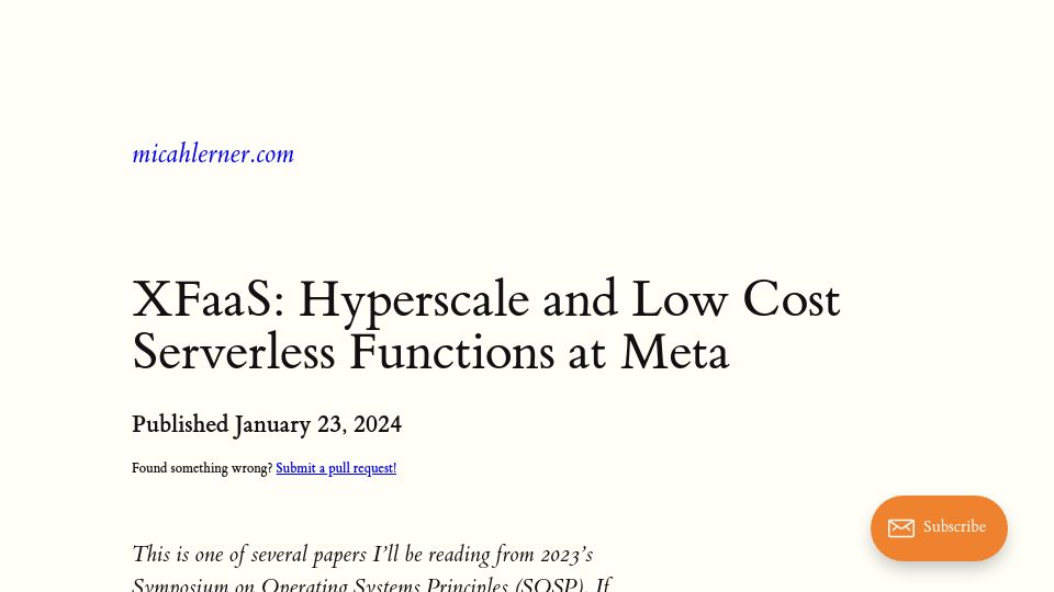 Screenshot of micahlerner.com: XFaaS: Hyperscale and Low Cost Serverless Functions at Meta