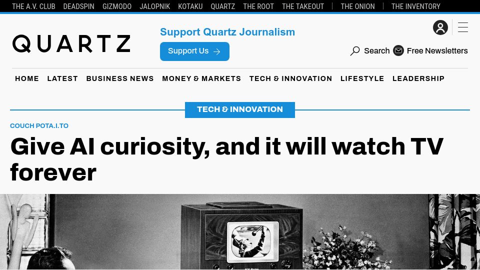 Screenshot of qz.com: Give AI curiosity, and it will watch TV forever (2018)