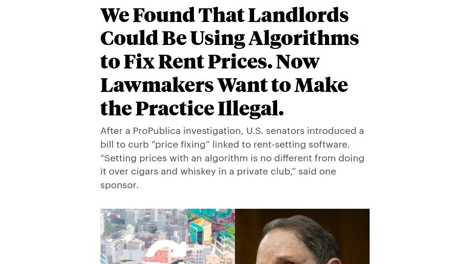 Screenshot of propublica.org: Lawmakers Seeking to Outlaw Rent Price Fixing Reported by Propublica