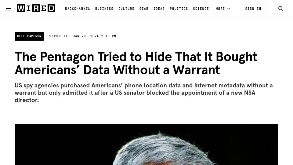 Screenshot of wired.com: The Pentagon tried to hide that it bought Americans' data without a warrant