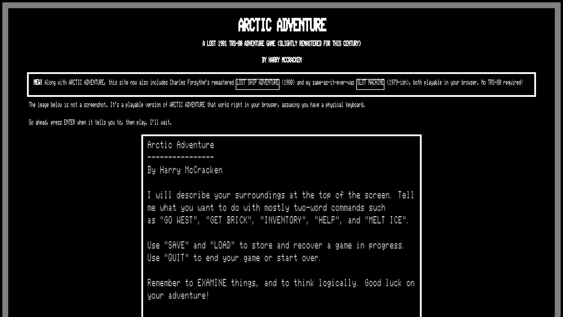 Screenshot of arctic81.com: Arctic Adventure: A Lost 1981 TRS-80 Adventure Game
