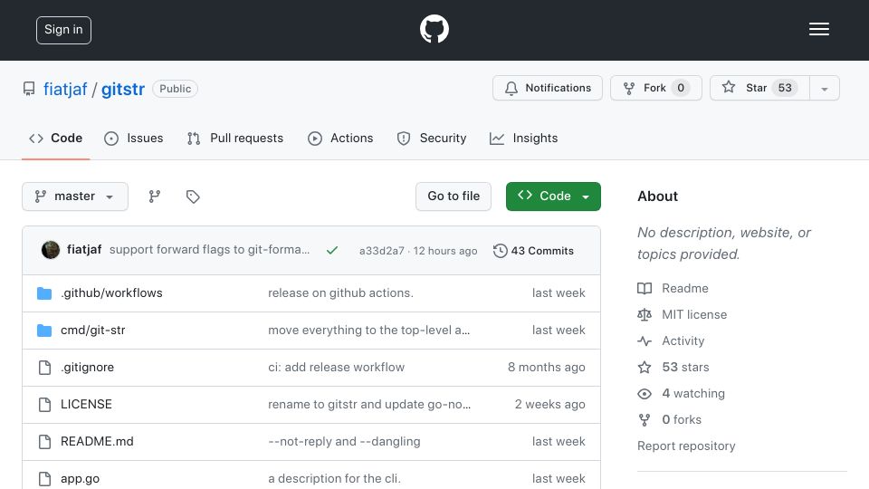 Screenshot of github.com: Gitstr: Send and receive Git patches over Nostr
