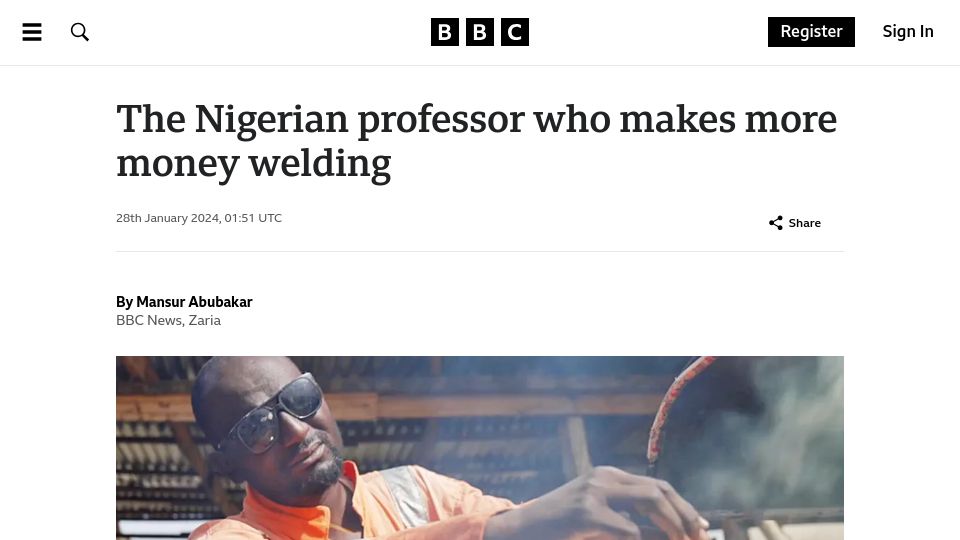 Screenshot of bbc.com: A Nigerian professor who makes more money welding