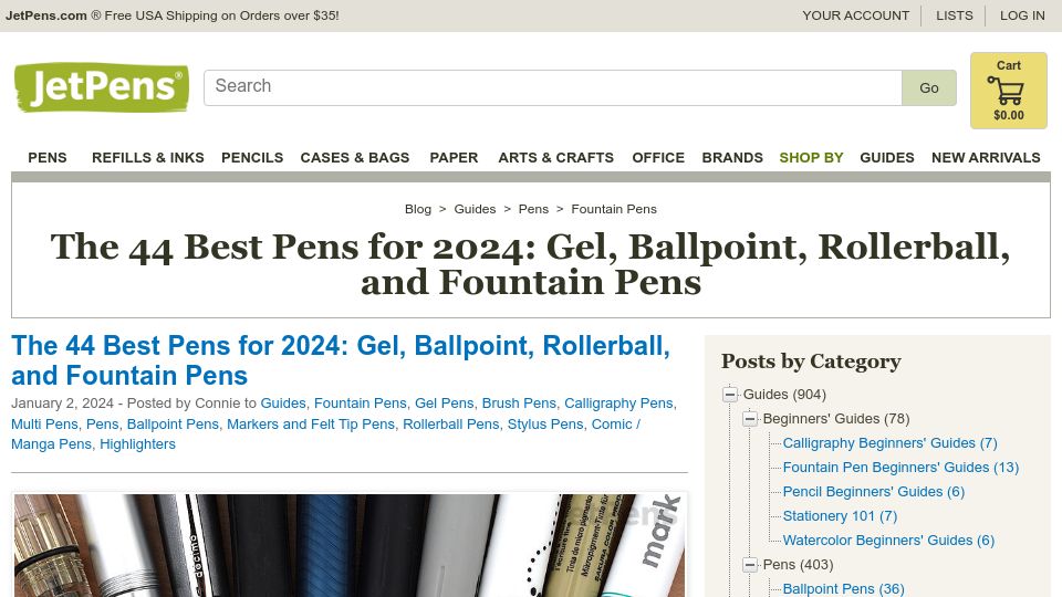 Screenshot of jetpens.com: Best Pens for 2024: Gel, Ballpoint, Rollerball, and Fountain Pens