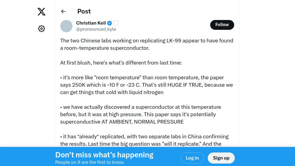 Screenshot of x.com: Room-Temperature Superconductor Replicated