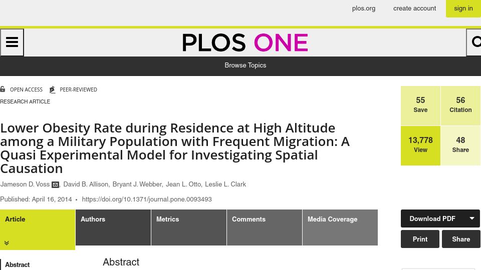 Screenshot of journals.plos.org: Lower Obesity Rate During Residence at High Altitude Among a Military Population