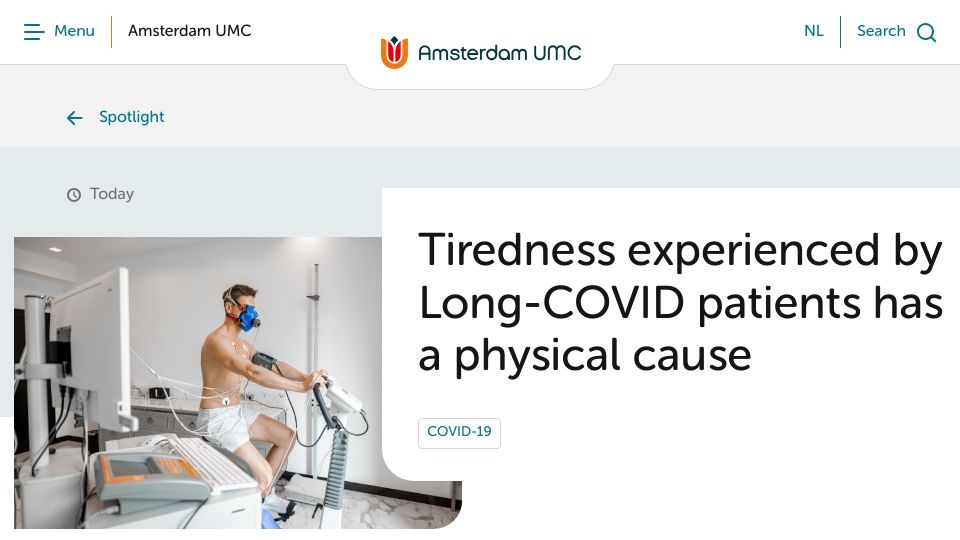 Screenshot of amsterdamumc.org: Researchers discover physical cause of long Covid tiredness