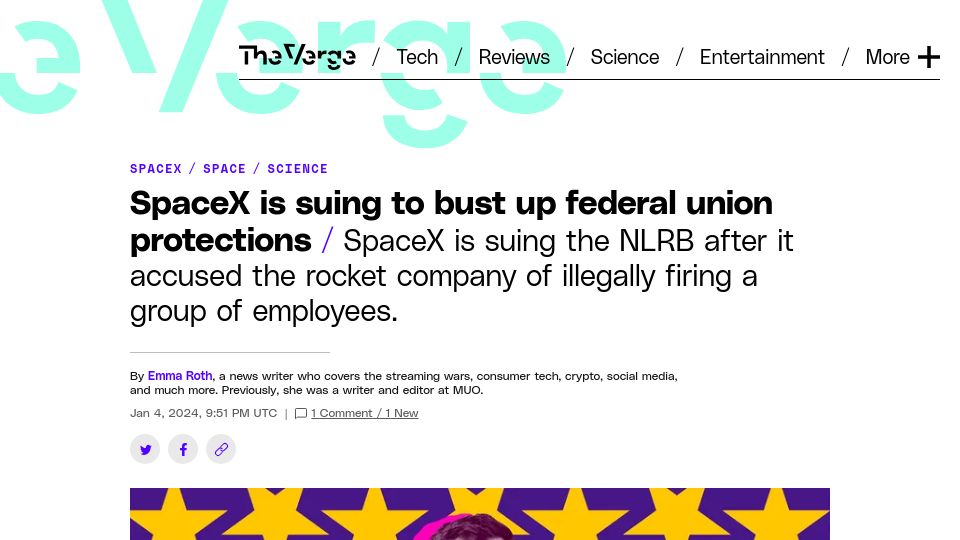 Screenshot of theverge.com: SpaceX is suing to bust up federal union protections
