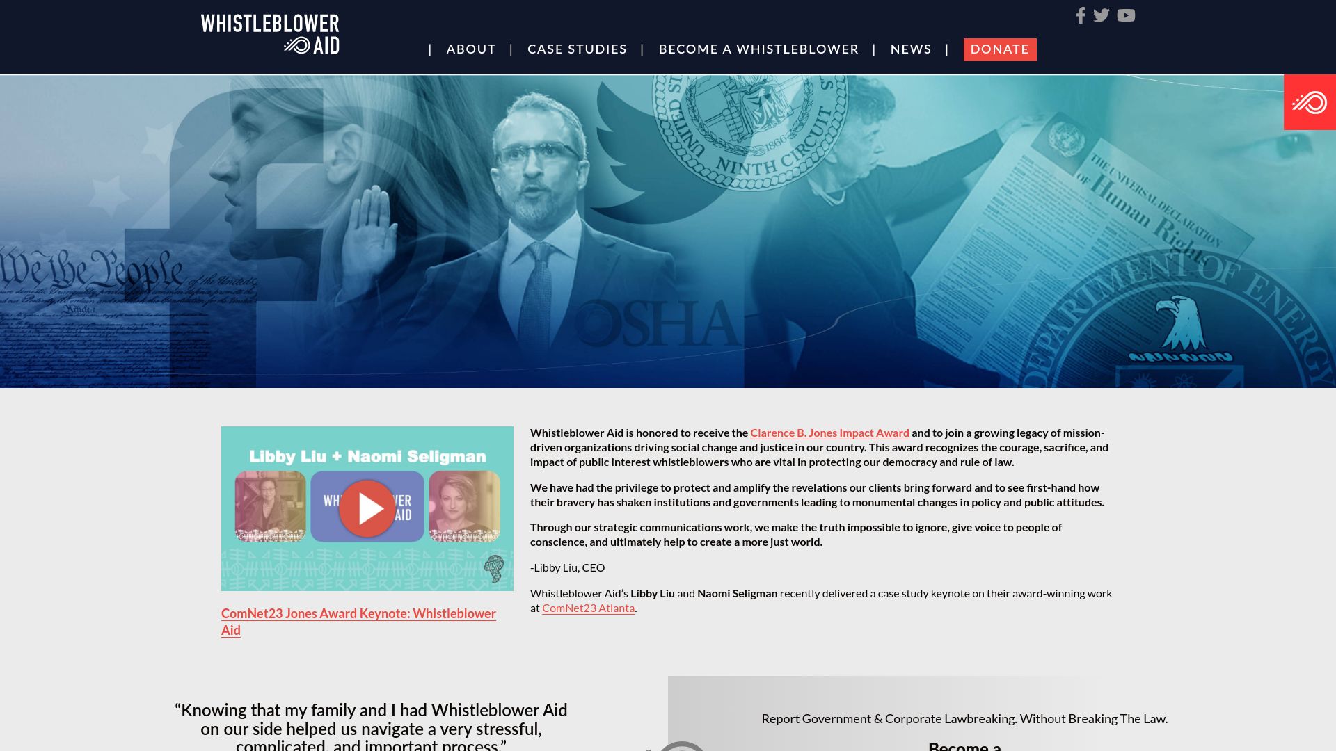 Screenshot of whistlebloweraid.org: Whistleblower Aid