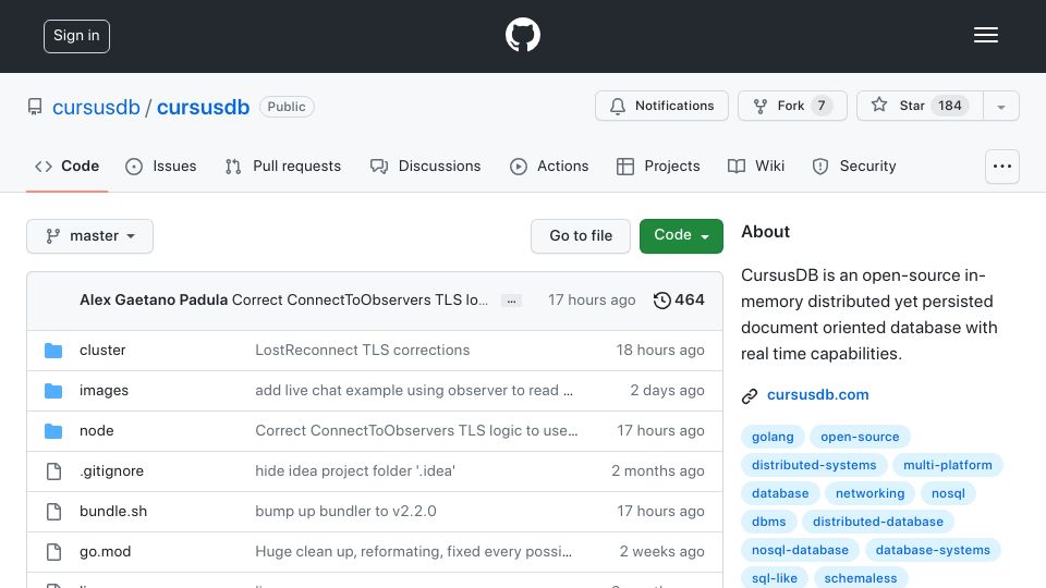 Screenshot of github.com: Show HN: CursusDB – A new scalable distributed document oriented database