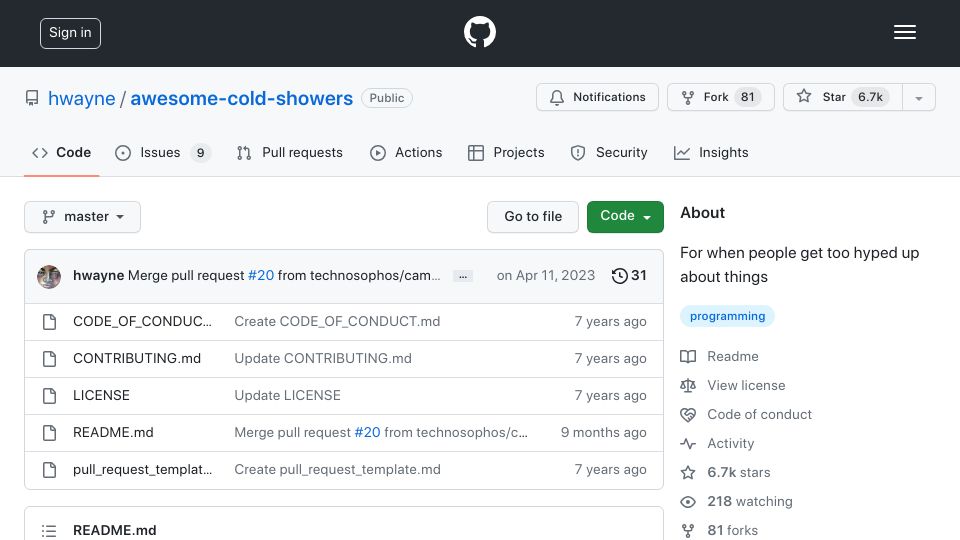 Screenshot of github.com: Cold showers on overhyped topics (2017)