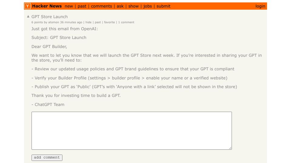 Screenshot of Hacker News post: GPT Store Launch