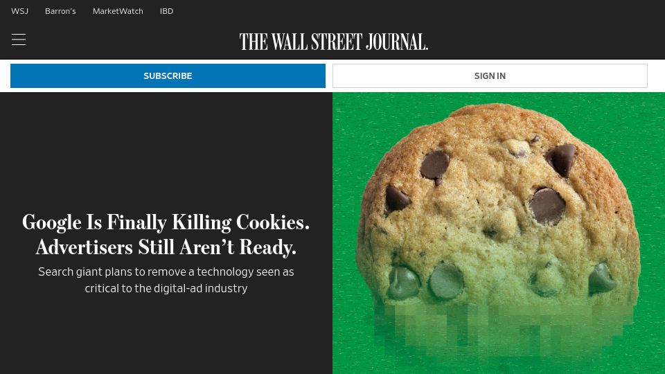 Screenshot of wsj.com: Google Is Finally Killing Cookies. Advertisers Still Aren't Ready