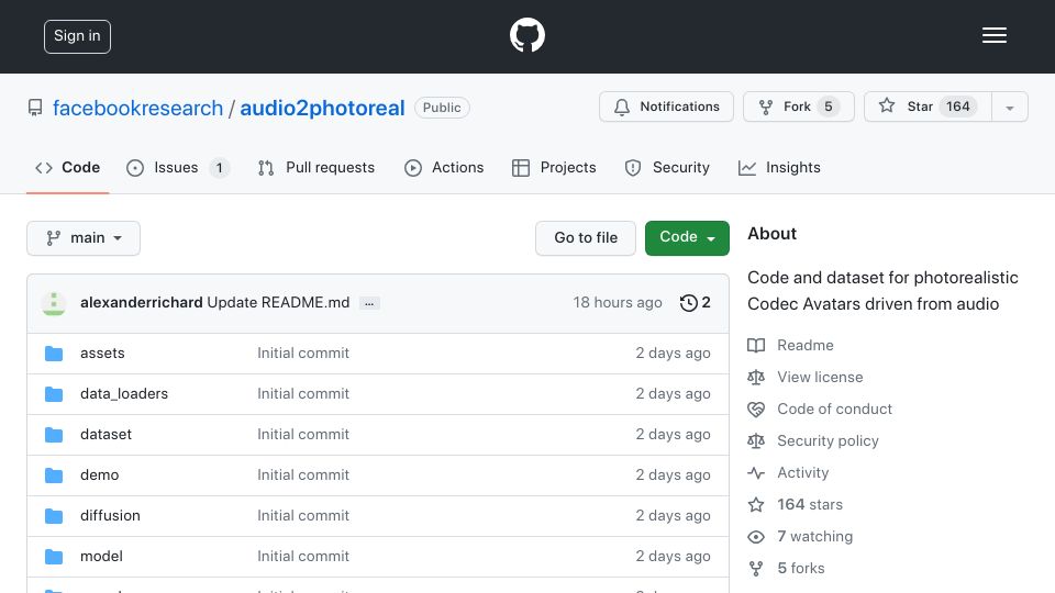 Screenshot of github.com: Audio2Photoreal