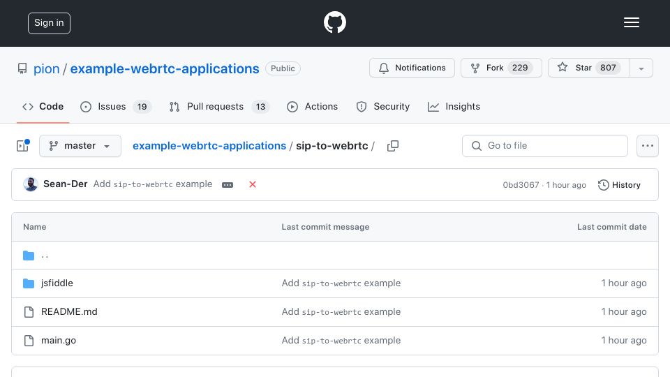 Screenshot of github.com: Show HN: Bring phone calls into the browser (SIP-to-WebRTC)