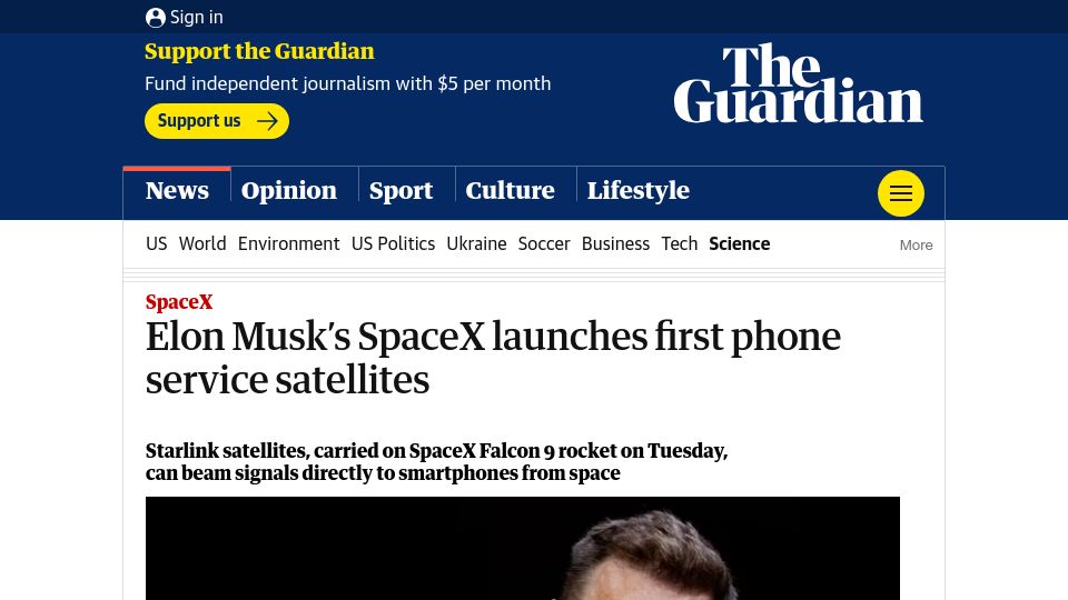 Screenshot of theguardian.com: SpaceX launches first phone service satellites