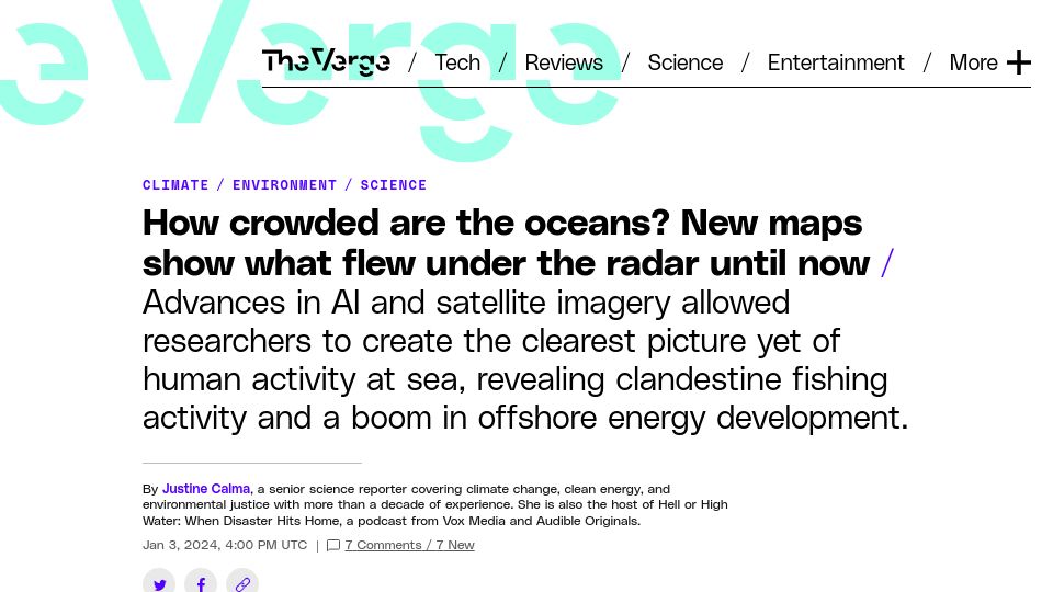 Screenshot of theverge.com: AI and satellite imagery used to create clearest map of human activity at sea
