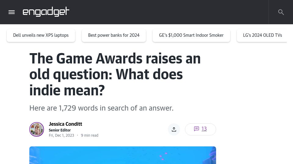 Screenshot of engadget.com: The Game Awards raises an old question: What does indie mean?
