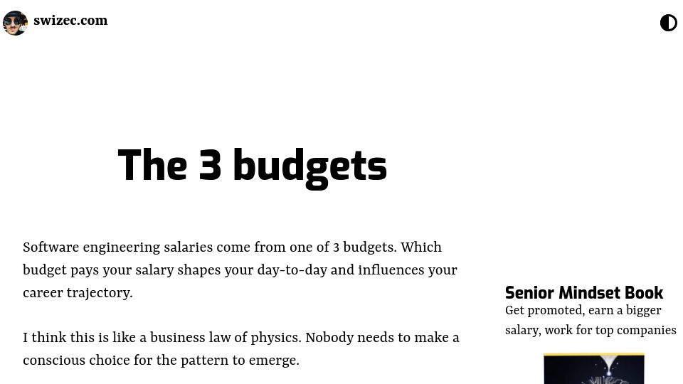 Screenshot of swizec.com: Software engineering salaries come from one of three budgets