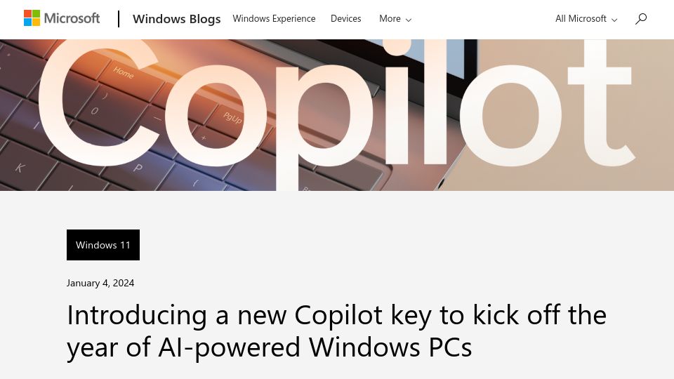 Screenshot of blogs.windows.com: A new Copilot key to kick off the year of AI-powered Windows PCs