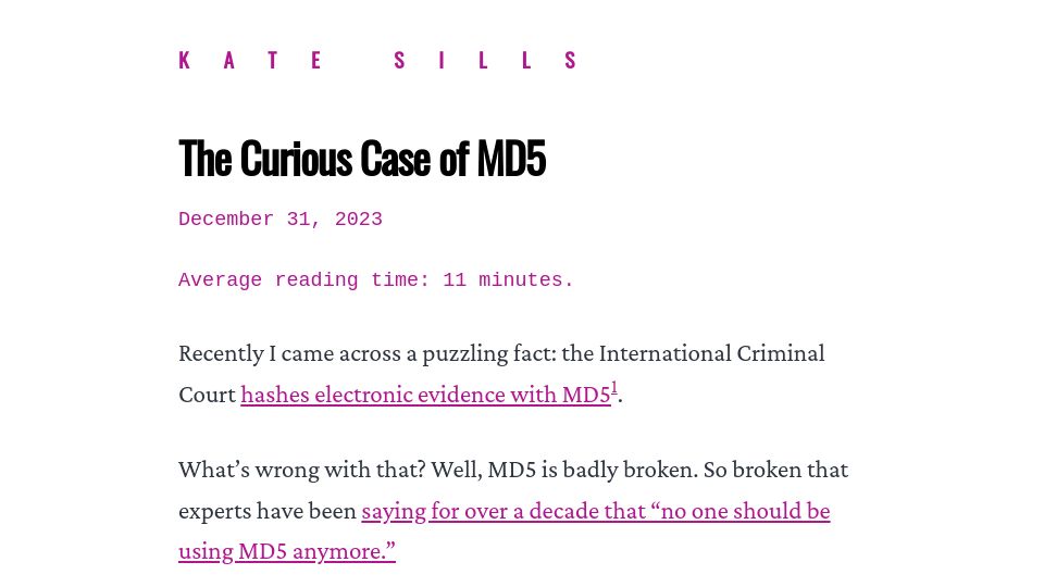 Screenshot of katelynsills.com: The Curious Case of MD5