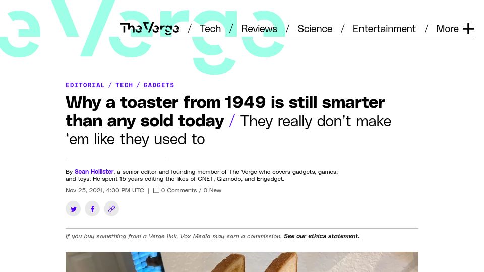 Screenshot of theverge.com: Why a toaster from 1949 is still smarter than any sold today