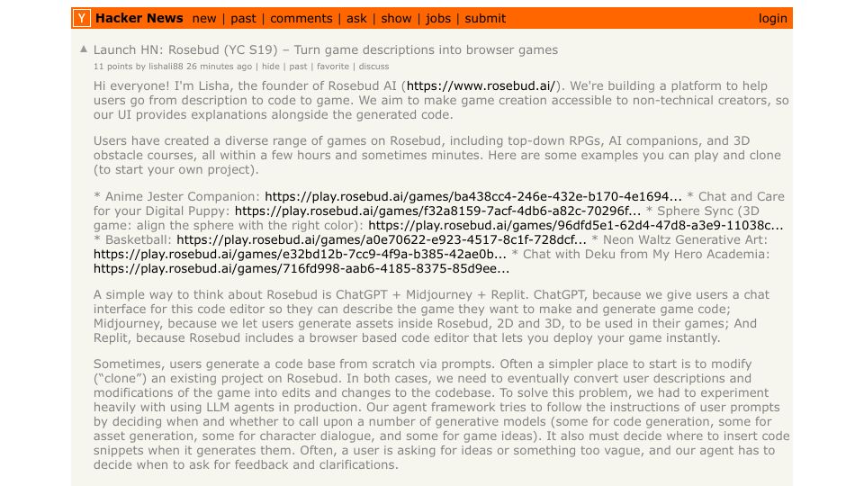 Screenshot of Hacker News post: Launch HN: Rosebud (YC S19) – Turn game descriptions into browser games