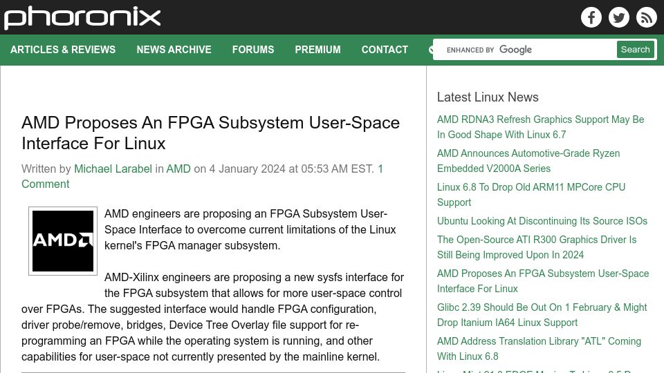 Screenshot of phoronix.com: AMD proposes an FPGA subsystem user-space interface for Linux