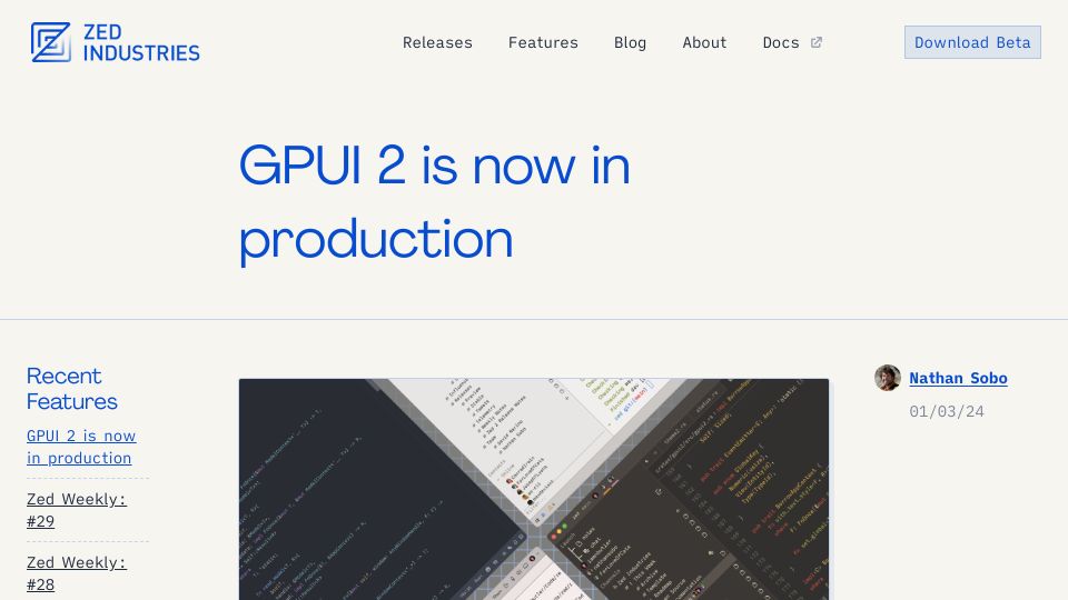 Screenshot of zed.dev: GPUI 2 is now in production – Zed