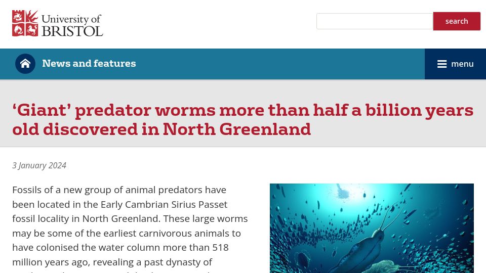 Screenshot of bristol.ac.uk: 30cm worm fossil more than half a billion years old discovered in Greenland